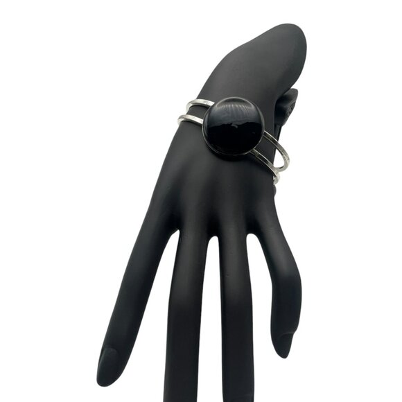 Apache Tears Stone Silver Bangle Cuff Bracelet - Picture 2 of 9